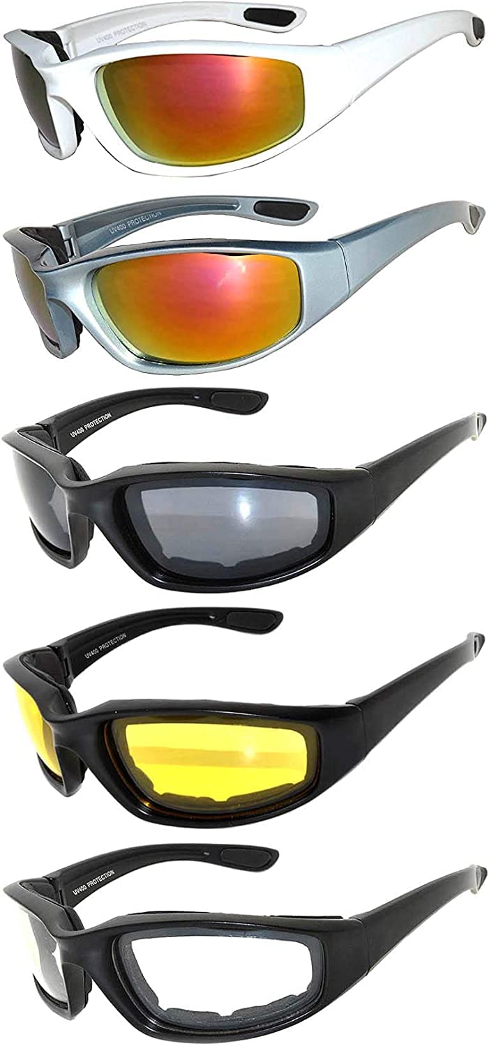 OWL Motorcycle Riding Sport Sunglasses Assorted Color Multipacks, Unisex Foam Padded Wind Blocking Glasses UV400 Protection