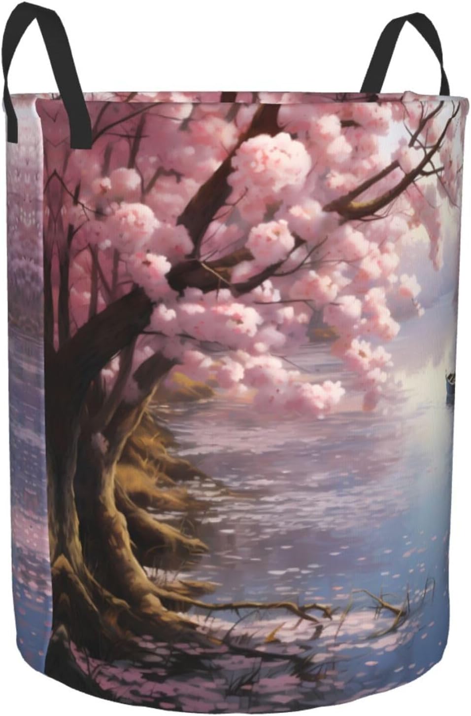 Cherry blossoms by the lake Round Single-layer Laundry Basket, Portable Storage Laundry Basket, Bedroom Clothes Storage Basket with Handle