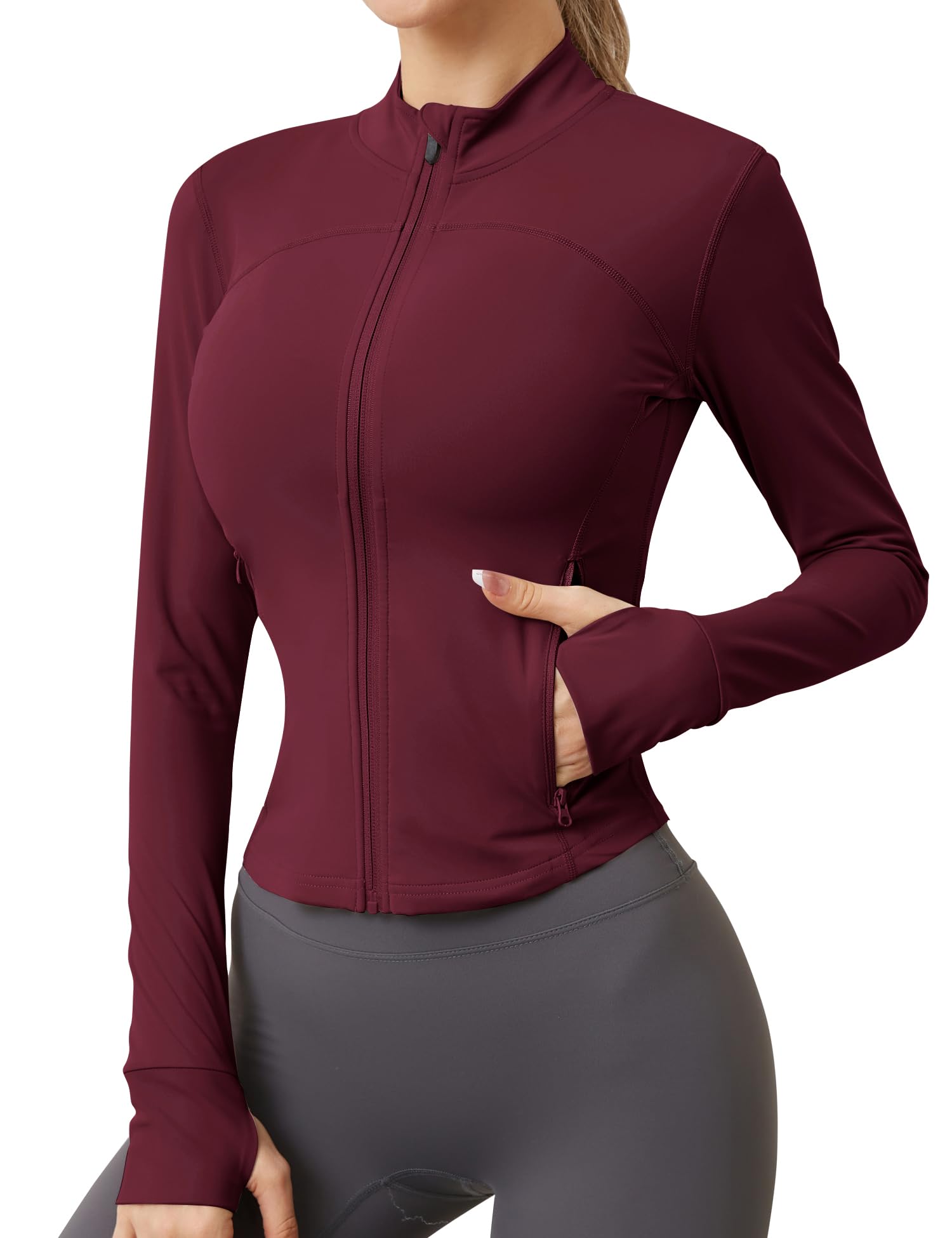 IECCP Damen Sportjacke Laufjacke Langarm Gym Tops Yoga Fitness Sport Oberteile Zwei Reißverschlusstaschen Leicht Trainingsjacke mit Daumenloch