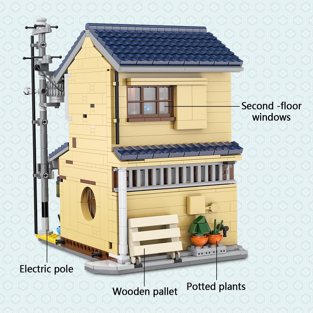 Labeled diagram of the CaDA Japanese Tea House rear, showing the electric pole, wooden pallet, potted plants, and second-floor windows.