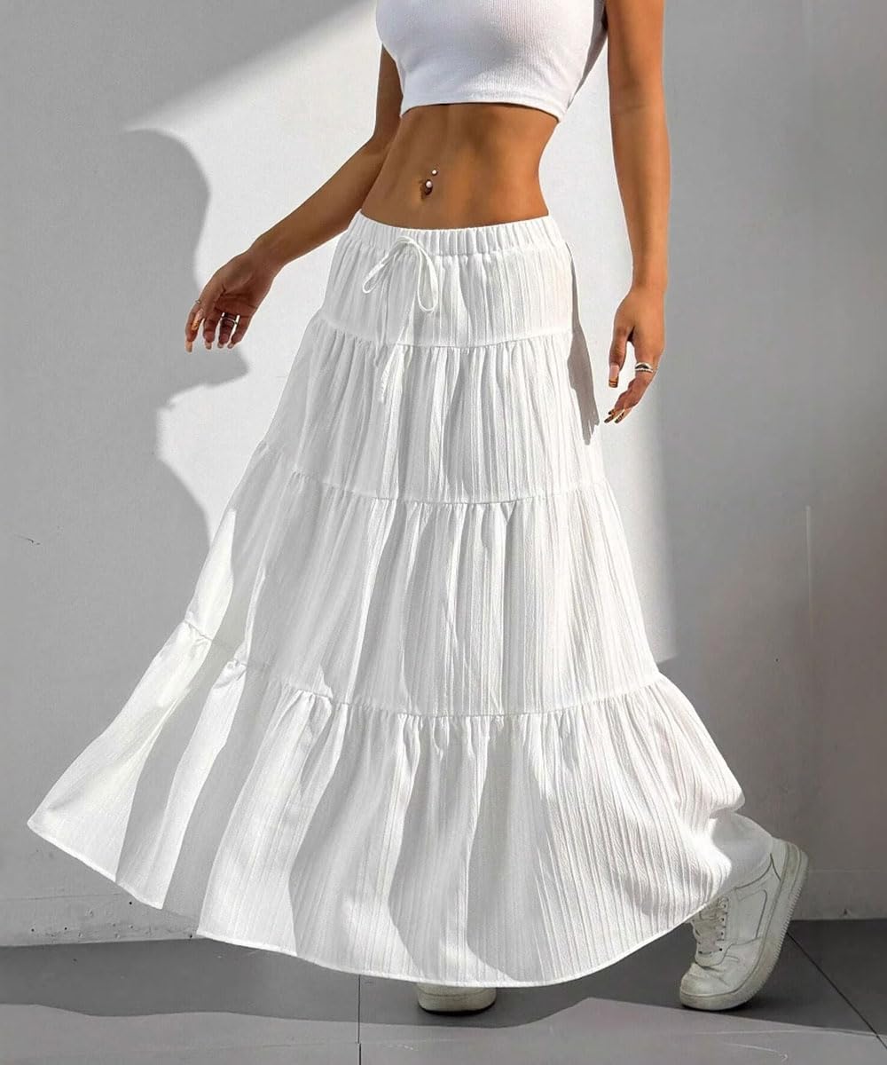 Spódnica damska, długa, z wysoką talią, elegancka spódnica maxi, linia A, elastyczna warstwa, spódnica midi do noszenia w czasie wolnym, jednokolorowa (wielokolorowa, S-XL)