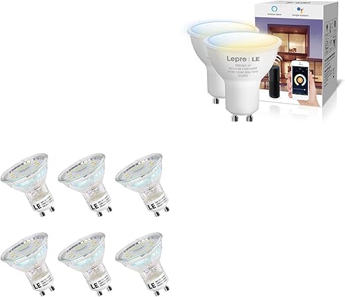 LE Bundle - 2 artículos: paquete de 6 bombillas LED GU10, 5000K luz blanca diurna equivalente a 50 W y paquete de 2 bombillas inteligentes GU10, luz