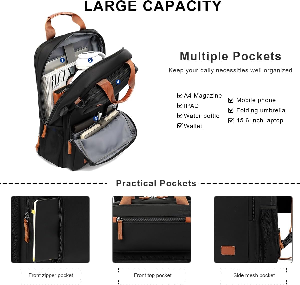 SONARIN Expandable Business Backpack,15.6 Inch Laptop Backpack Shoulder Handbag Briefcase Work Travel Rucksack with USB Port(Black)
