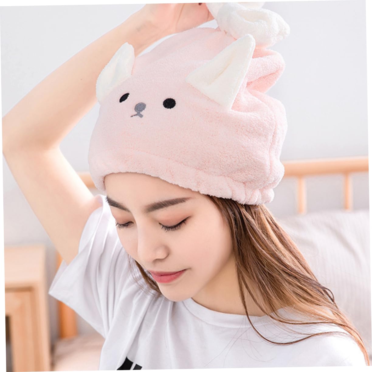 FRCOLOR 2pcs Cartoon Hair Drying Cap Fast Drying Water Absorbent Shower Cap with Bowknot Soft Coral Fleece for Women for Home Gym and Travel White Pink