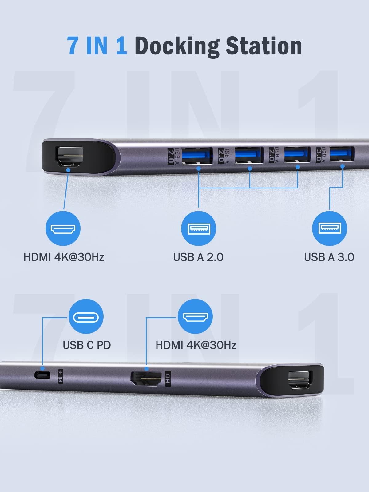 Lemorele Docking Station 2 HDMI, 7-in-1 Aluminio Hub USB con 2*HDMI 4K@30HZ, 4*USB-A 3.0/2.0, 1*PD 100W, USB C Hub Dual Monitor Adattatore Multiporta per Windows/MacOS/Android/iOS/Linux