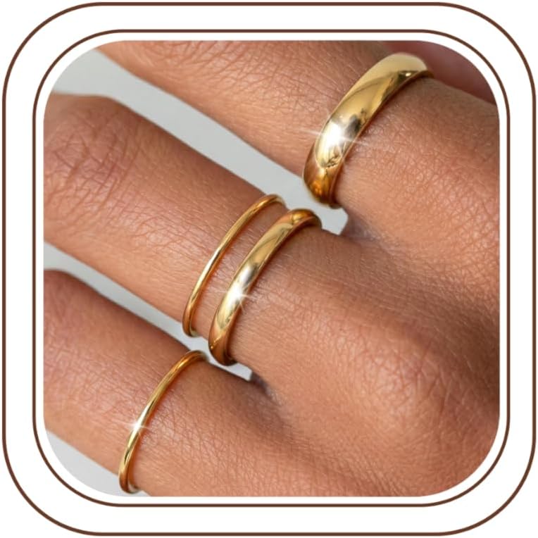 14K Gold Filled Rings for Women Non Tarnish Stackable Ring Set | 4Pcs Thumb Pinky Stacking Rings for Women,Wedding Rings Band,Waterproof Stainless Steel,1mm 2mm 3mm 5mm Thin Ring Size 5-10
