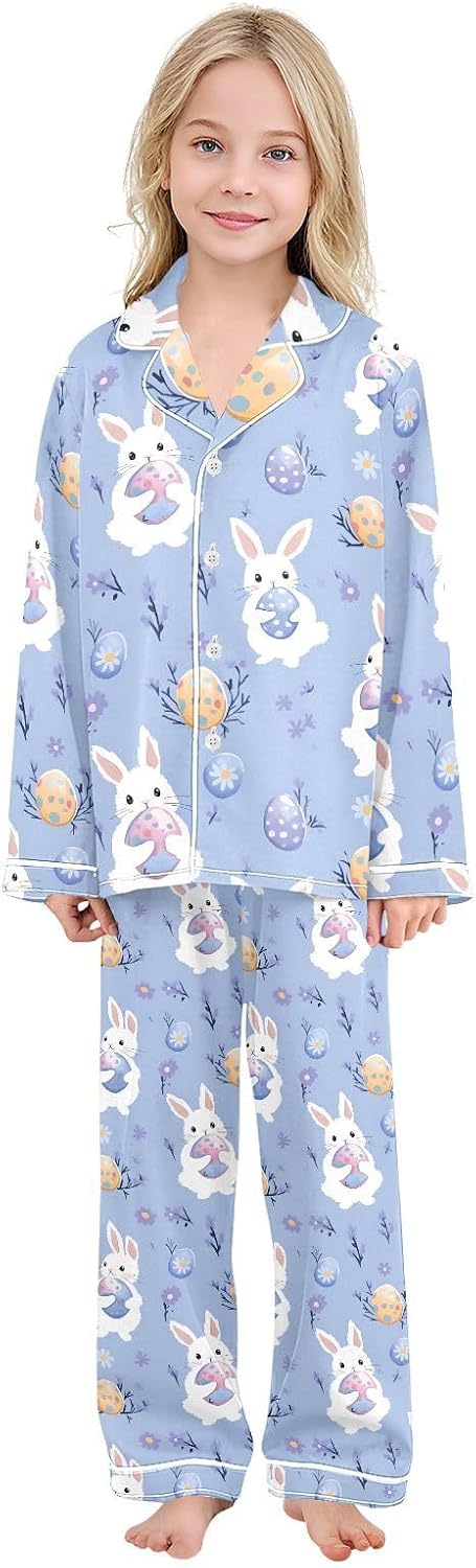 senya Rabbit Holding Egg Flower 1 Satin Pajama Sets Long Sleeves Nightwear Button Down Sleepwear