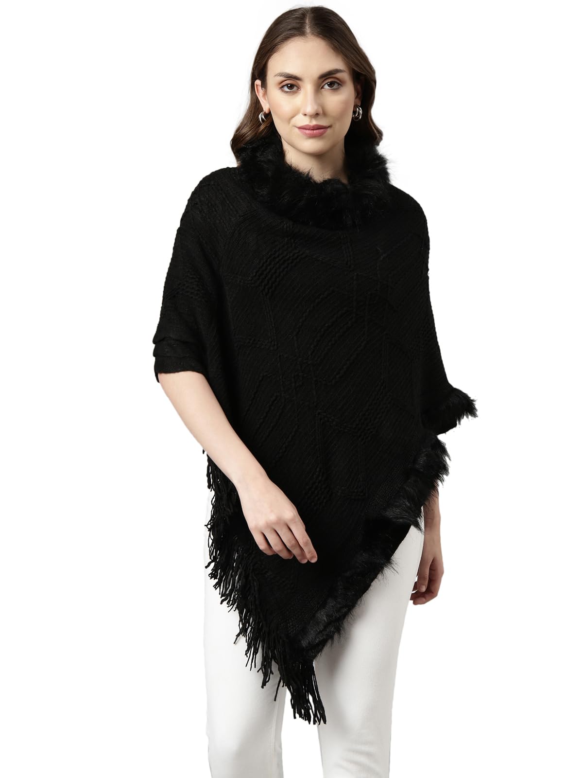 SHOWOFF Women's Solid Round Neck Three-Quarter Sleeves Black Longline Poncho-CHN-9042_Black-image-28