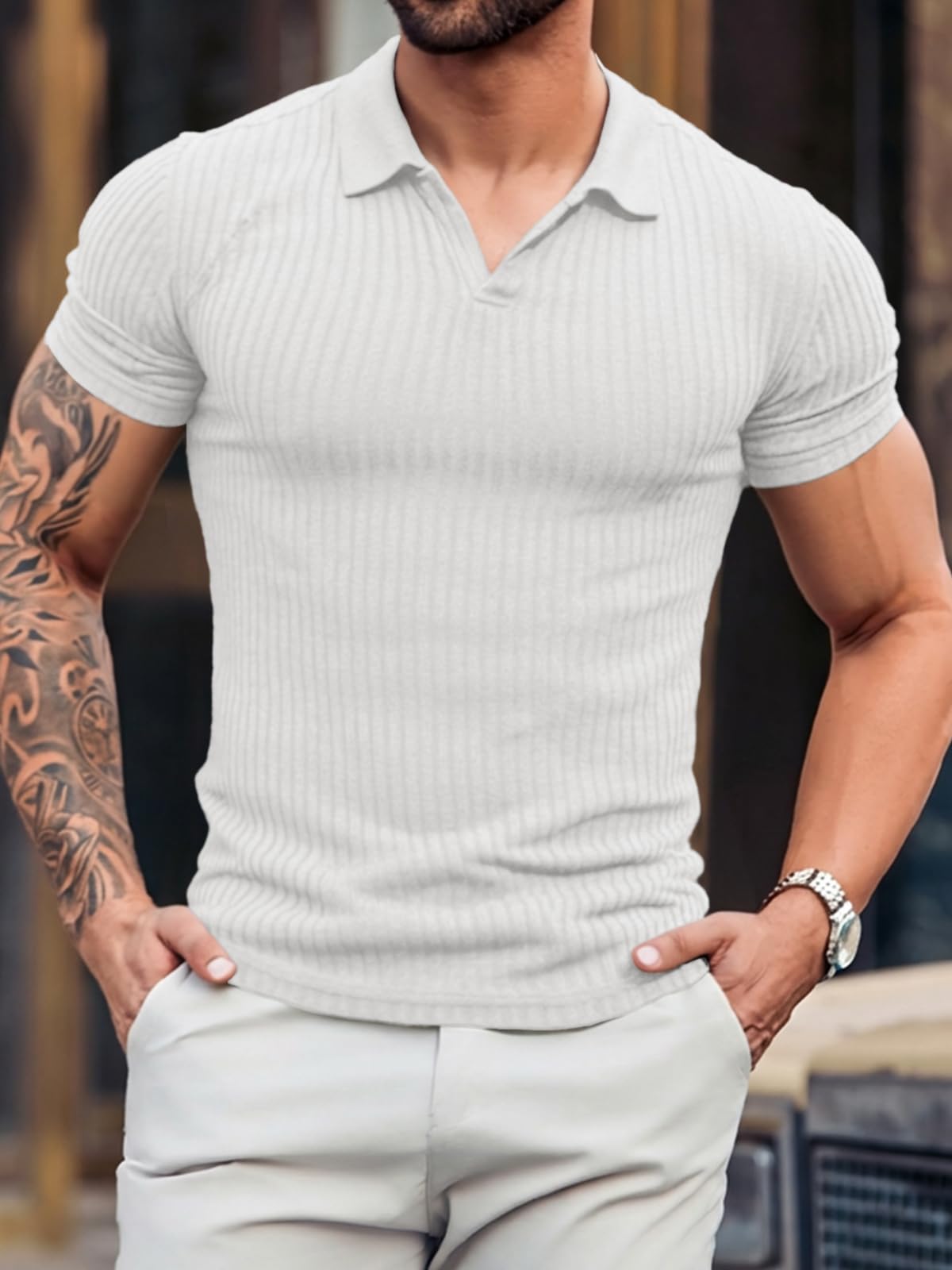 Runcati Męska koszulka polo z krótkim rękawem, dekolt w serek, z dzianiny, slim fit, na lato, jednokolorowa, do golfa, na czas wolny, rozciągliwa