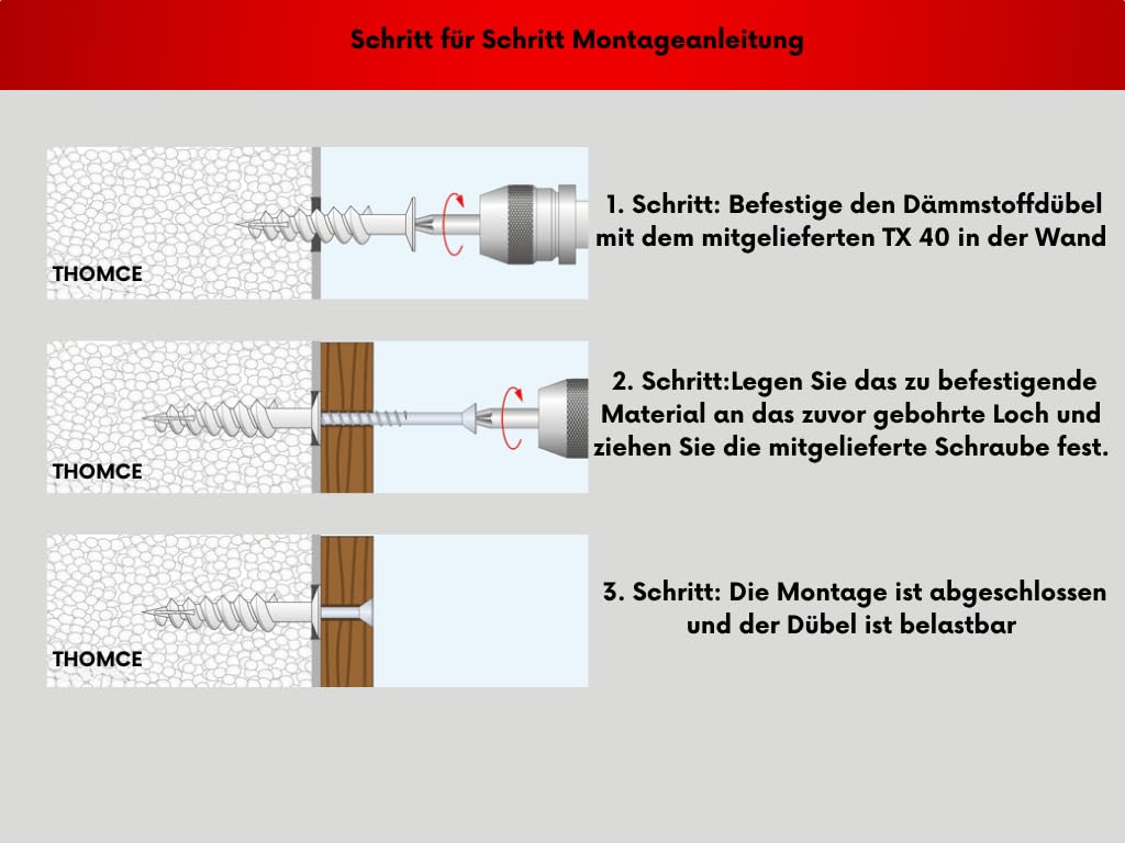 Dämmstoffdübel Thermo Wärmebrückenfrei – ohne Vorbohren – inkl. 10 Schrauben & TX40 Bit – Isolierdübel für Fassaden, EPS/XPS – sichere, schnelle Montage für leichte Anbauteile(50mm, 10, Set)