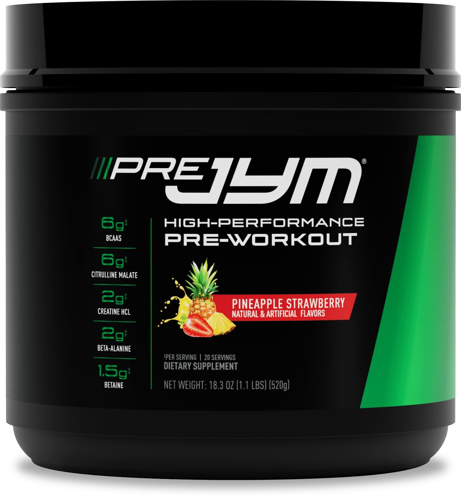 JYM Supplement Science Pre JYM Pineapple Strawberry Pre Workout Powder for Men & Women, BCAAs, Nootropics, Creatine HCI, Citrulline, Beta-Alanine, Betaine, Taurine, Huperzine, 20 Servings