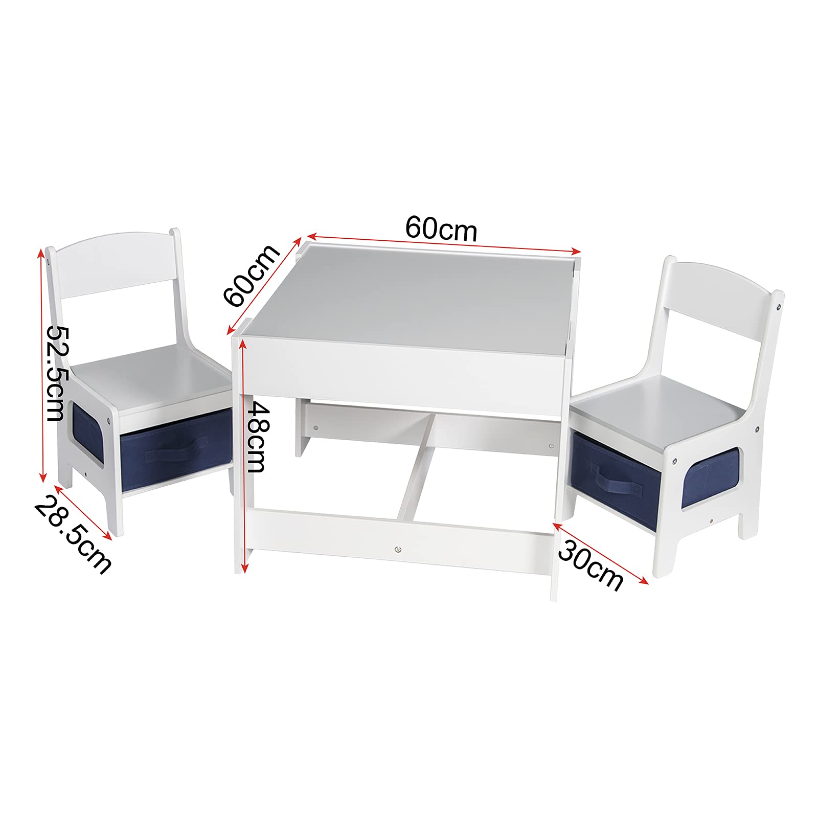 EUGAD Set di Tavolo e Sedie di Prima Infanzia Quadrato con Lavagna da Giocare 3 in 1 Mobili Scrivania Versatile per Cameretta Sala Regalo Creativo per Bimbi 2-6 Anni Colore Bianco e Grigio
