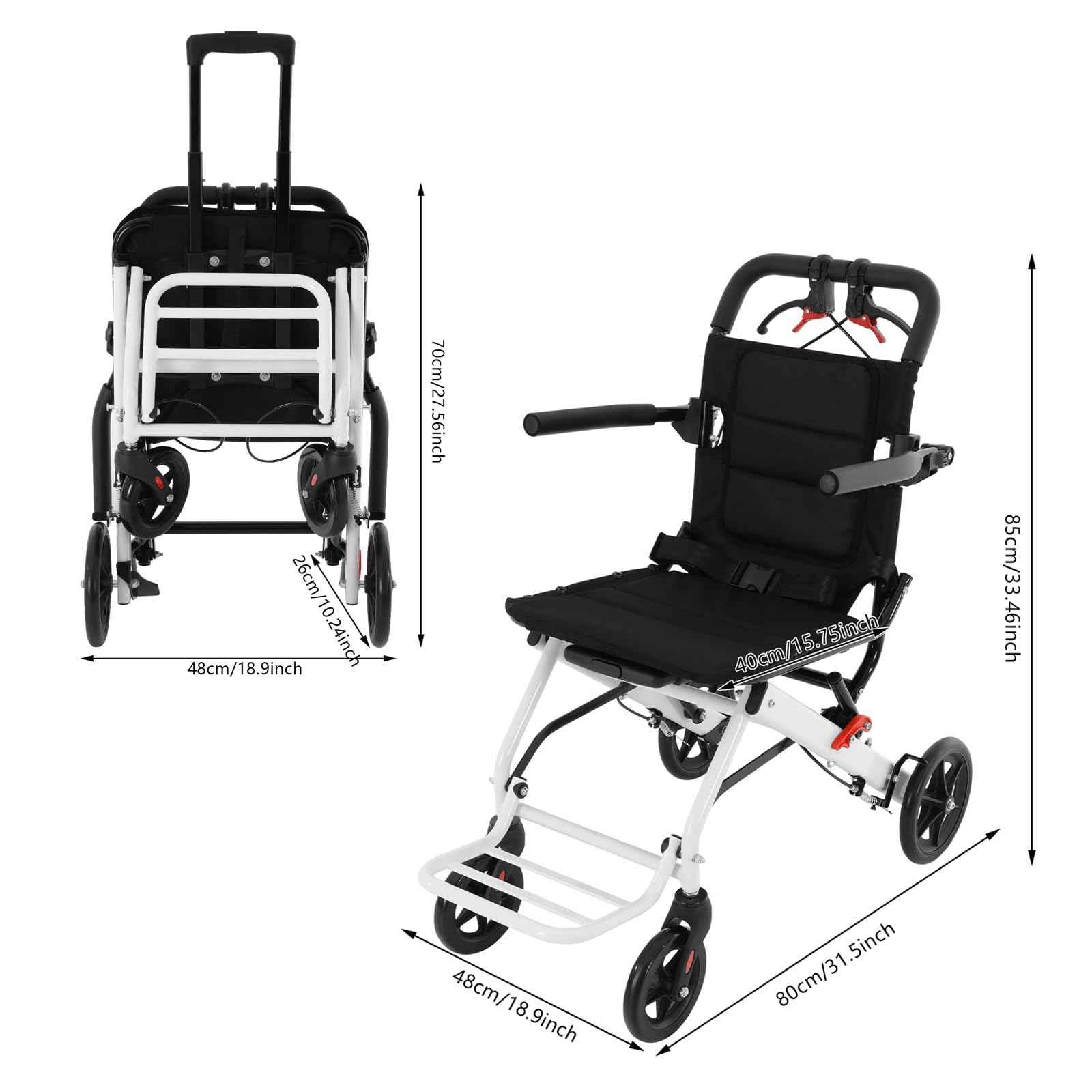 Silla de ruedas plegable ligera ultraligera, silla de ruedas de transición, freno en las asas, silla de ruedas de viaje, capacidad de carga de 100 kg, aleación de acero al carbono para