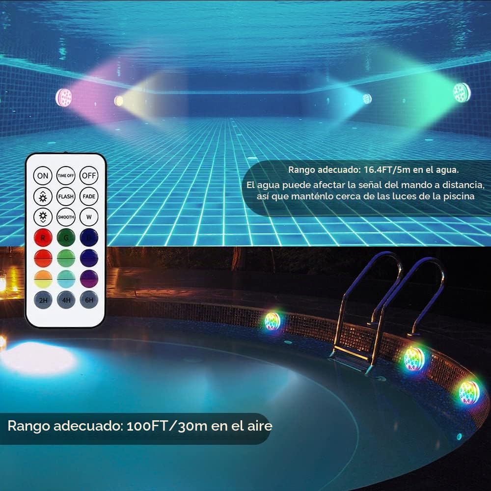 Luz subacuática, 4 unidades LED para piscina, luces magnéticas subacuáticas, IP68, resistente al agua, iluminación para estanque, bañera, fuente, acuario, decoración interior