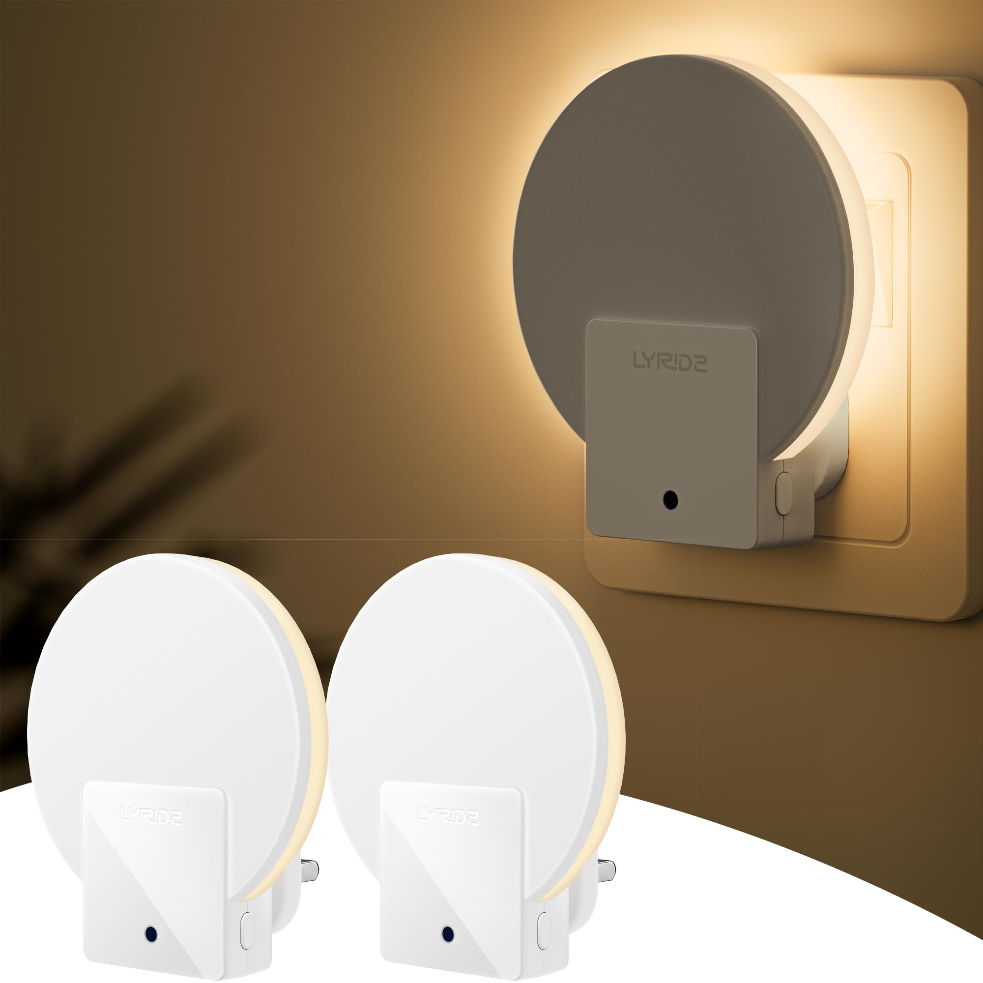 Lyridz Backlit Night Light Plug in Wall with Dusk-to-Dawn Sensor, 2 Pack Dimmable Night Lights Warm White 2700k, Plug in Wall Light 1-50lm for Hallway, Bathroom, Stairs, Bedroom, Kids