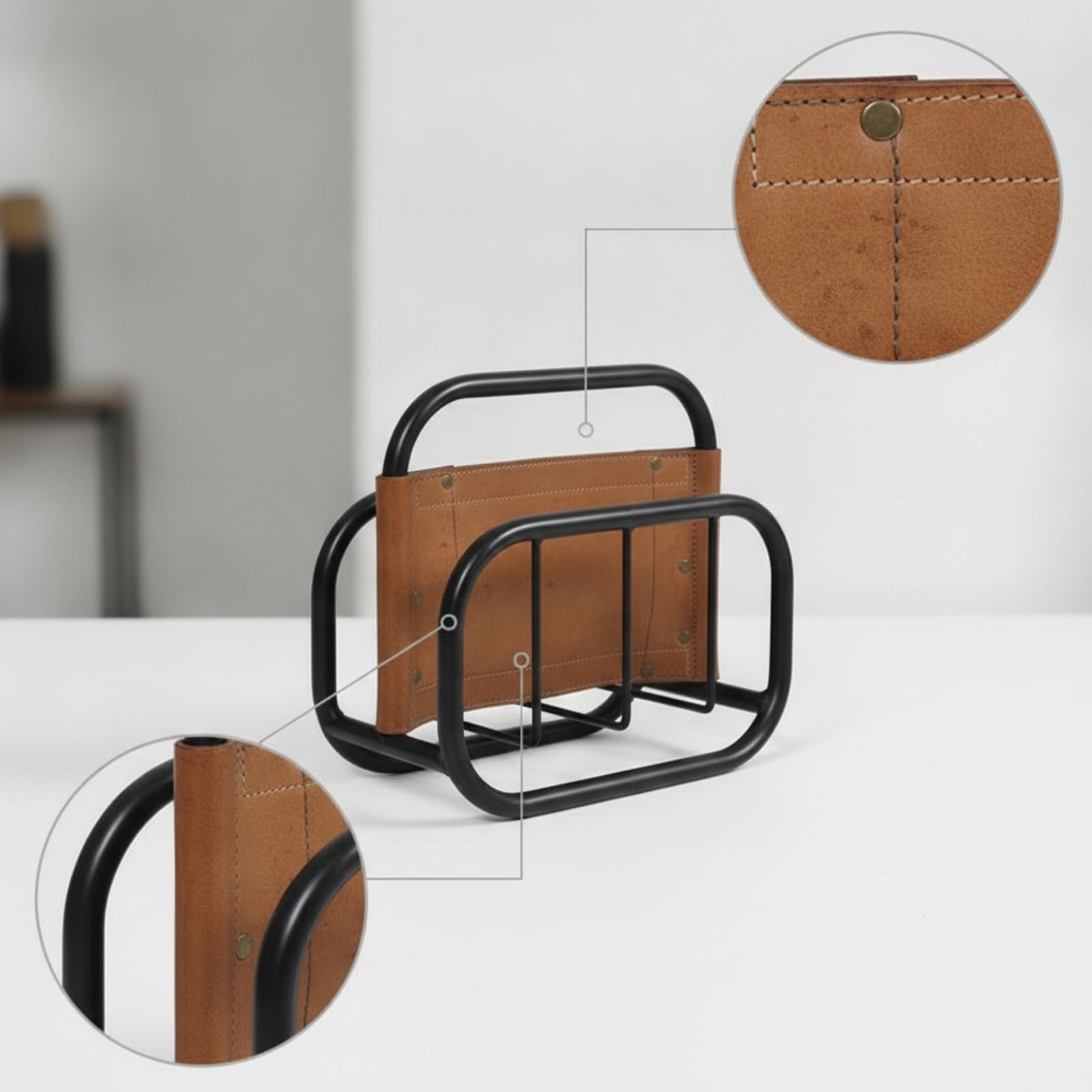 LOVIVER Portariviste Organizzatore Porta Giornali Supporto Libri Contenitore Riviste in Metallo E Finta Pelle Telaio Aperto con Angoli Arrotondati Divisori