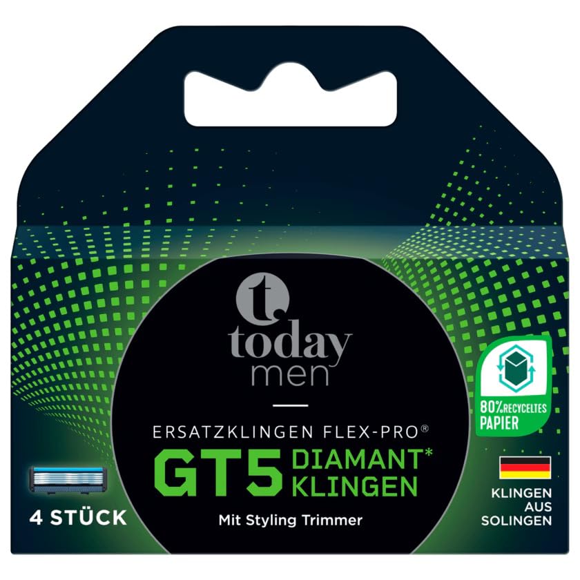 Today Men GT5 - Cuchillas de afeitar de 5 hojas con revestimiento de diamante y recortador de peinado, tecnología Flex-Pro compatible con maquinilla de afeitar GT5, 4 unidades