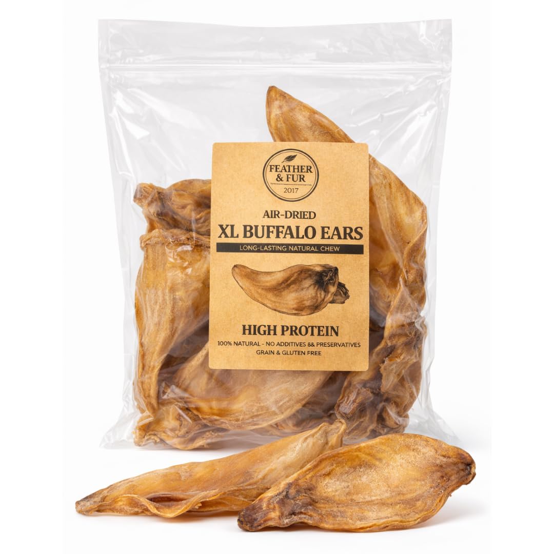 Feather & Fur Extra Large Buffalo Ears for Dogs 20–25cm – Natural Air Dried Dog Treats, Long Lasting Chews, High Protein Low Fat - Pack of 20