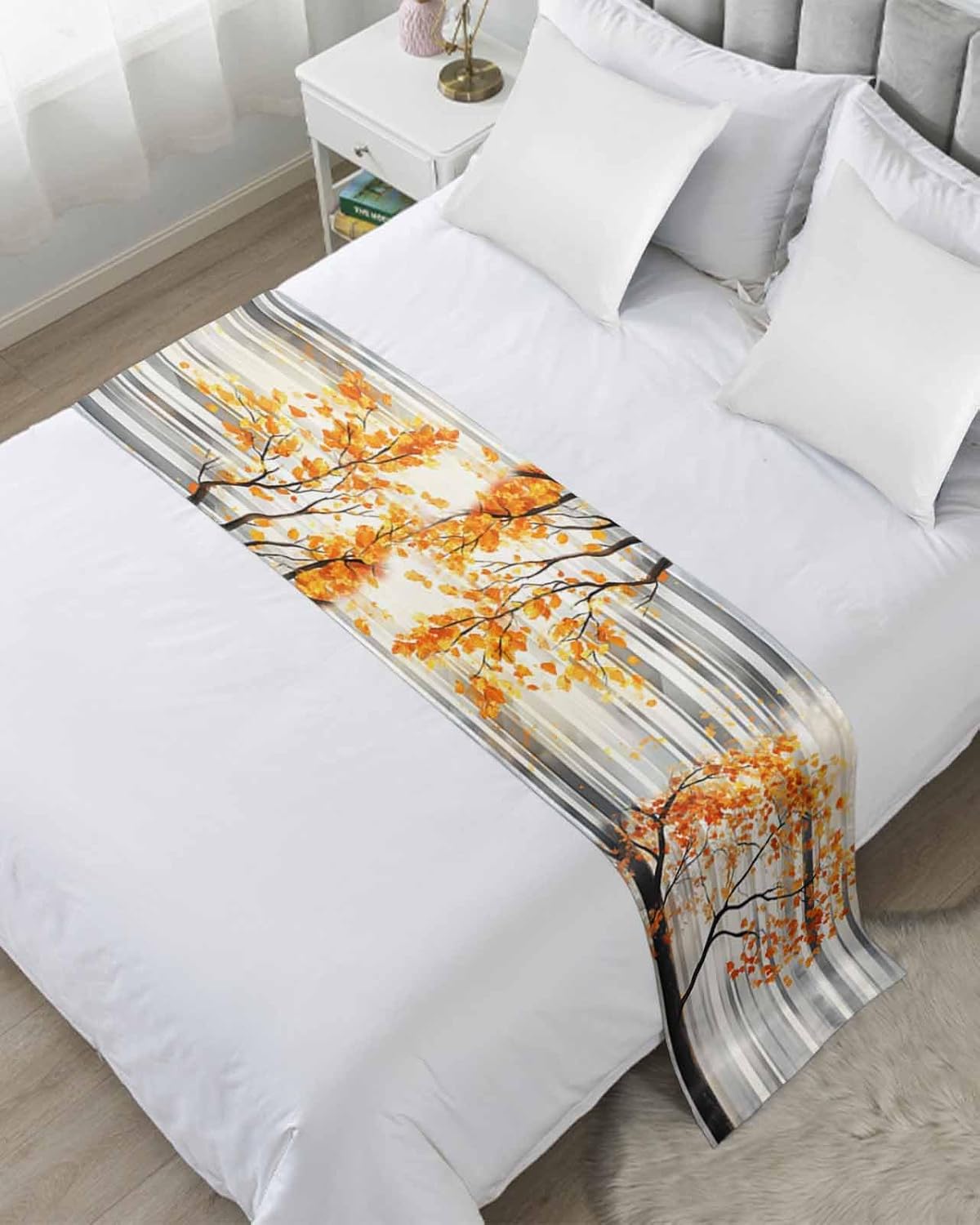 Red Yellow Leaves Fall Bed Runner Scarf King Size, Silhouettes Forest Modern Art Luxury Bed Throw Runners & Scarves for Twin Full Queen King Foot of Bed, Bedroom Hotel Wedding Room Decoration, 94"x20"