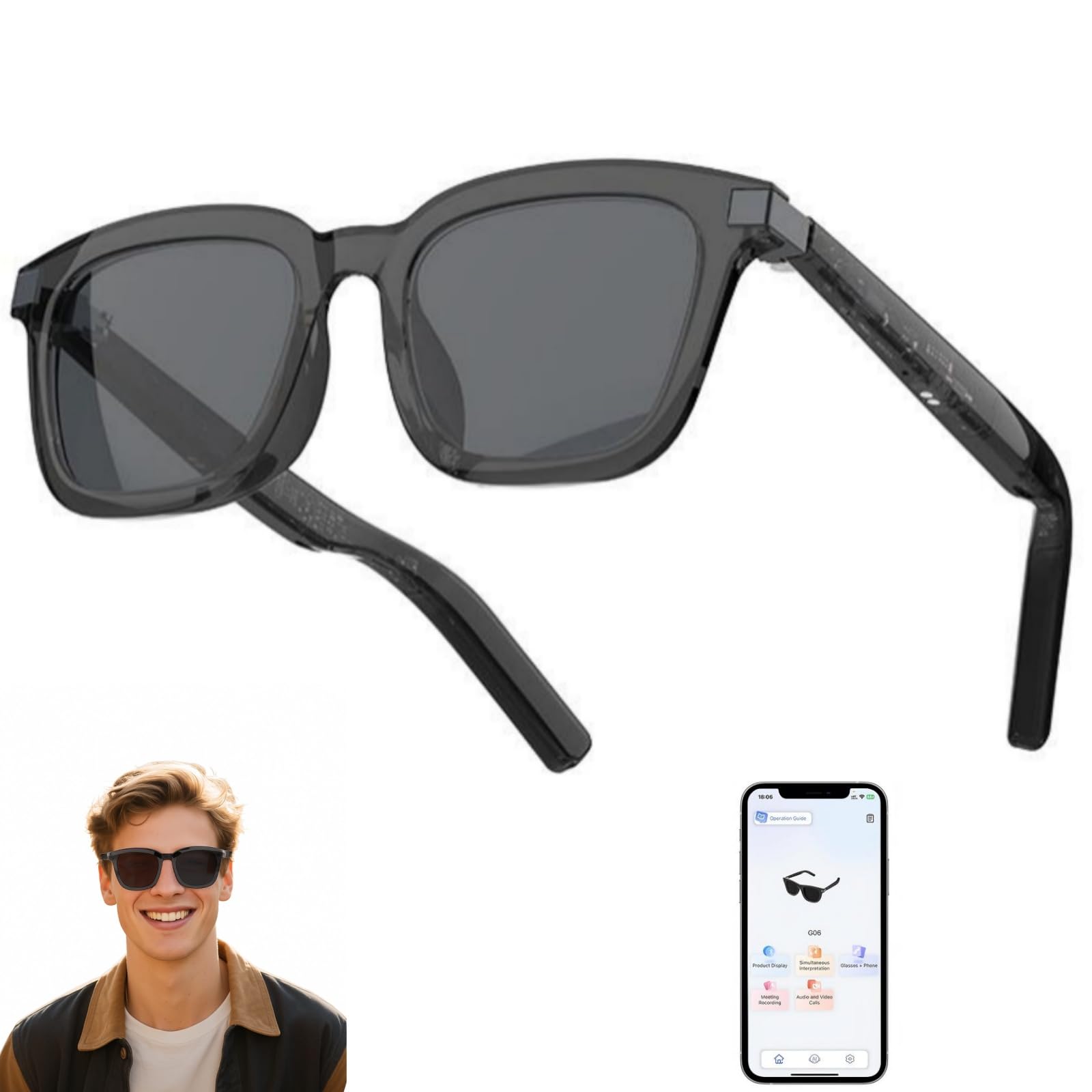 AI Smart Glasses with ChatGPT- Real-Time Translation 165 Languages Noise Cancelling Open Ear Audio AI Translator Glasses UV400