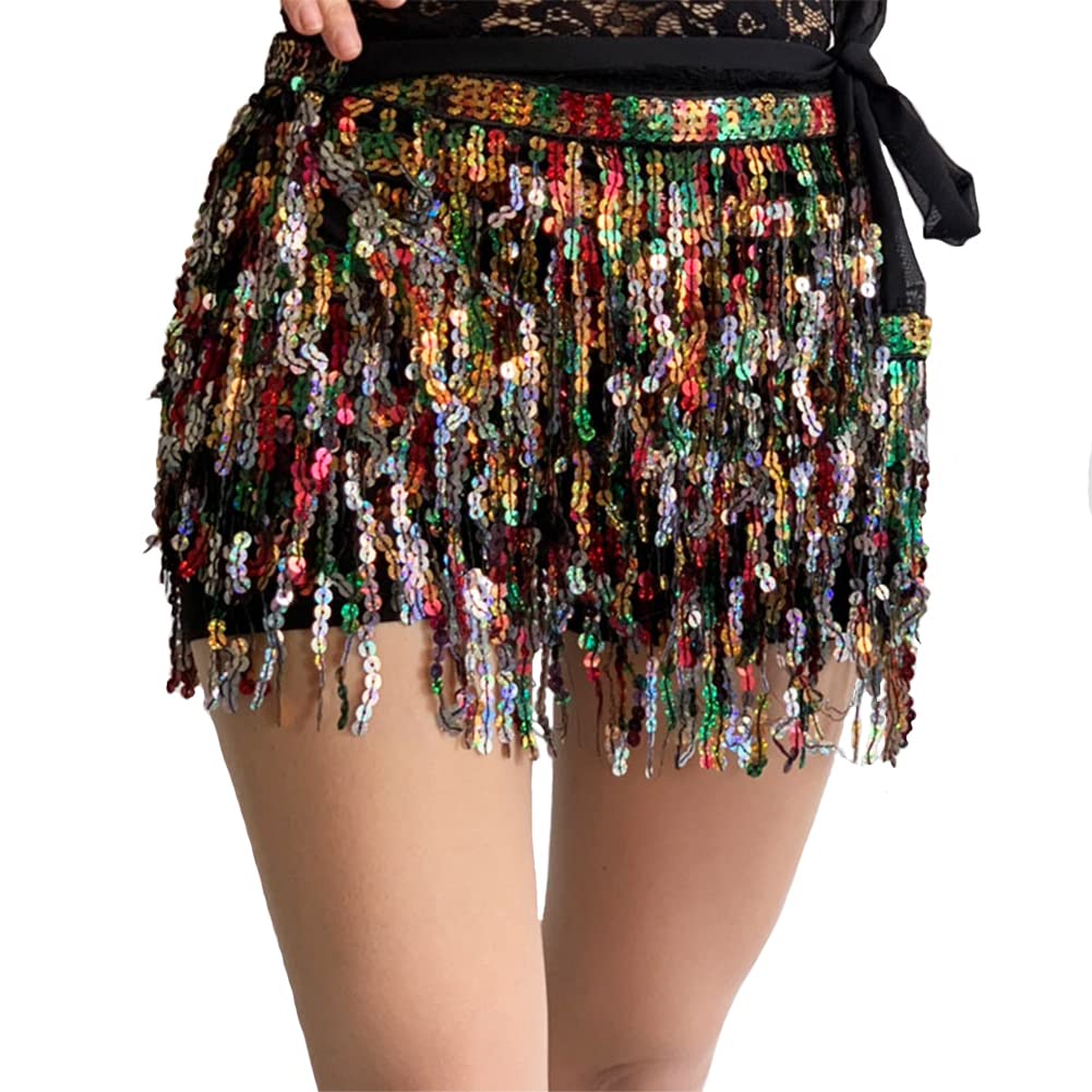 Leemiman Women Sequin Tassel Skirt Glitter Sparkly Fringe Belly Dance Hip Scarf Skirts Festival Dance Performance Metallic Rave Party Belts Costume