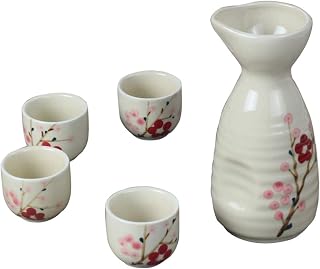 Set per Sake giapponese, Set per Sake con Fiori di Prugna Dipinto a Mano, Design del Corpo Della Bottiglia a strisce ondulate, Set Regalo di bicchieri, adatto per 4 persone