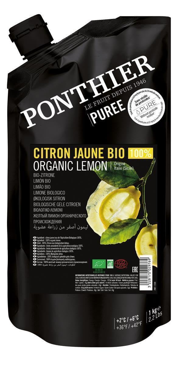 Ponthier BIO Zitrone-Frucht-Püree - 3x 1kg - Püree aus sizilianischen Zitronen, exotisch fruchtige Zitrusfrüchte für Eis, Sorbet, Muffins, Kuchen, Shakes, Smoothies, Cocktails, Ingwer-Zitronen-Tee