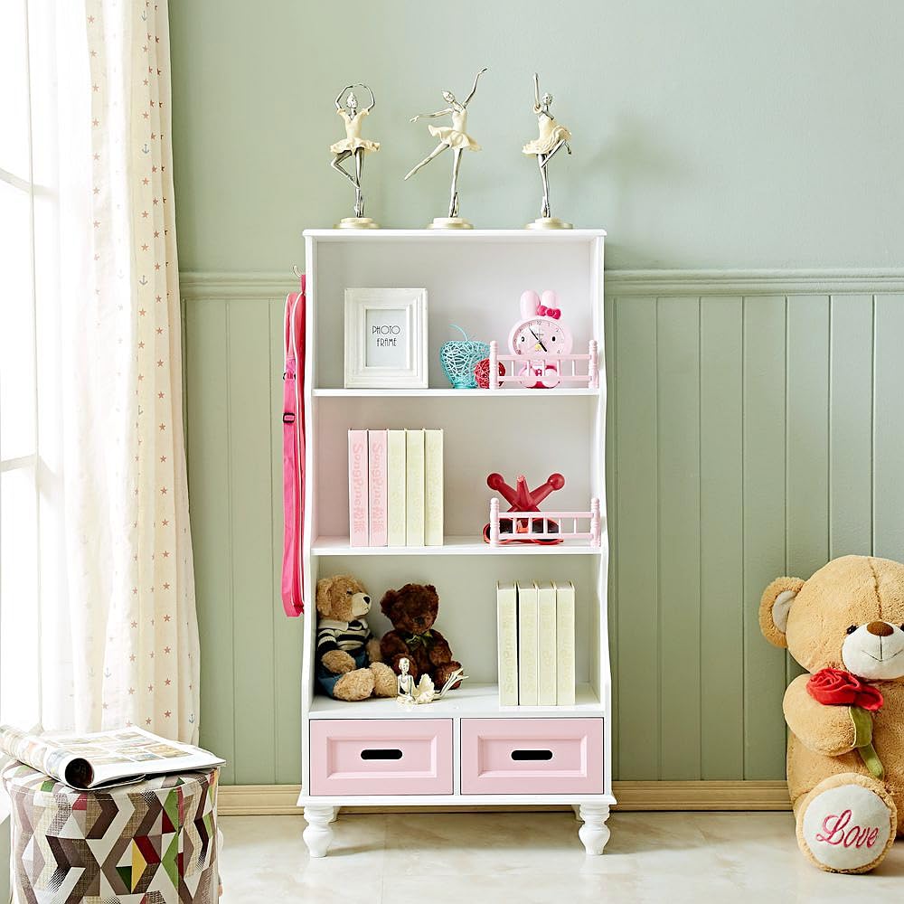 OUKOVOL Kids Bookshelf with Drawers 3-Tier Wooden Children's Bookcase Toys Storage Shelves Books Display Rack Organizer for Bedroom Nursery Kindergarden Study Room 3+ Years Old Girls Gift