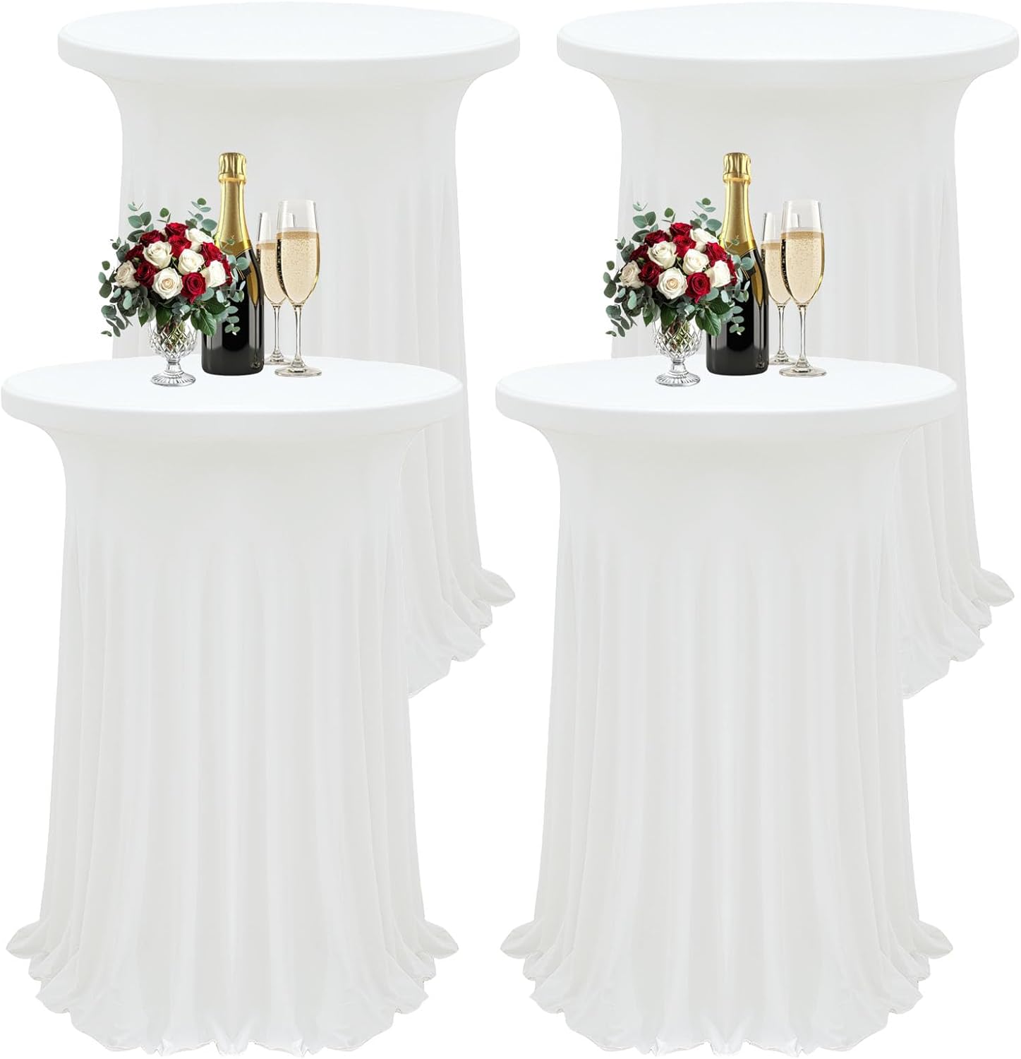 4Pack White Cocktail Tablecloth 32"x 43" Table Skirt Spandex Stretch Round Cocktail Table Cover with Wavy Drapes Fitted High Top Covers for Wedding Party Banquet