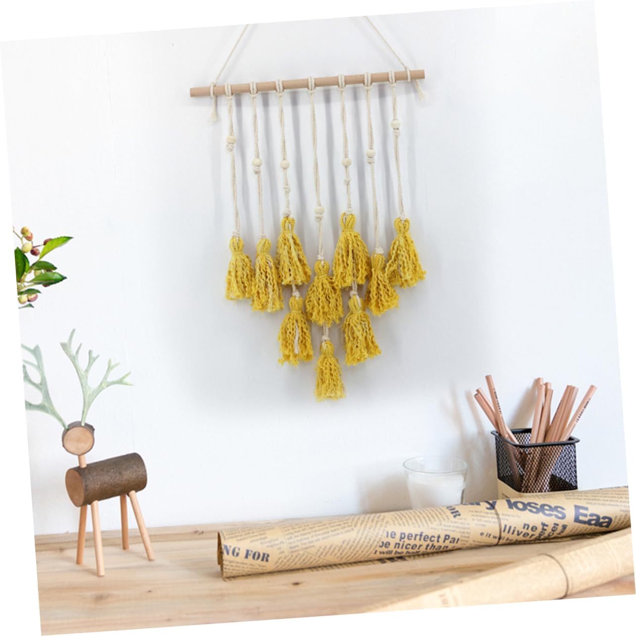 GARVALON Handmade Yellow Tassel Dream Catcher Wall Hanging Boho Woven Tapestry Decor for Home Bedroom Living Room Elegant Indoor Ornament
