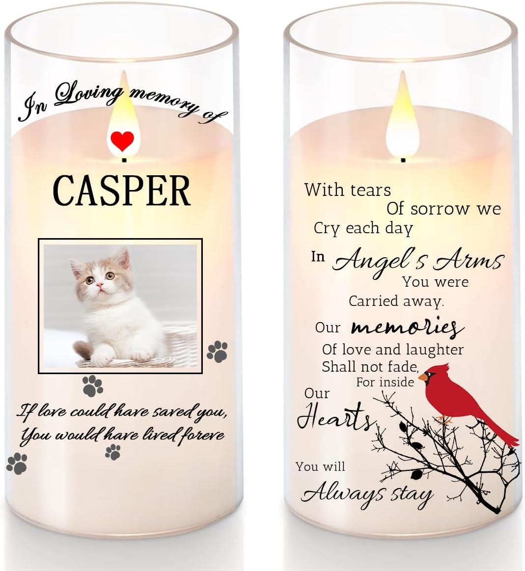 Personalized Dog Cat Memorial Flameless Candles with Photo Name,Custom Sympathy LED Pillar Candles for Loss of Love Pet,Battery Powered,Pure White Wax with Toughtful Saying
