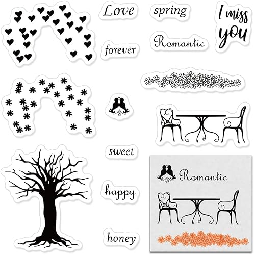 LANGFON Sellos transparentes para hacer tarjetas, diseño de flores de San Valentín, palabras de amor con sentimiento, silicona transparente,