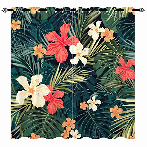 YUANZU Tropical Blackout Curtains - Girls Summer Hawaiian Plant Hibiscus Flower Print Pattern Eyelet Thermal Insulated Room Darkening Window Drapes for Bedroom Living Room 2 Panels W168cm x D137cm