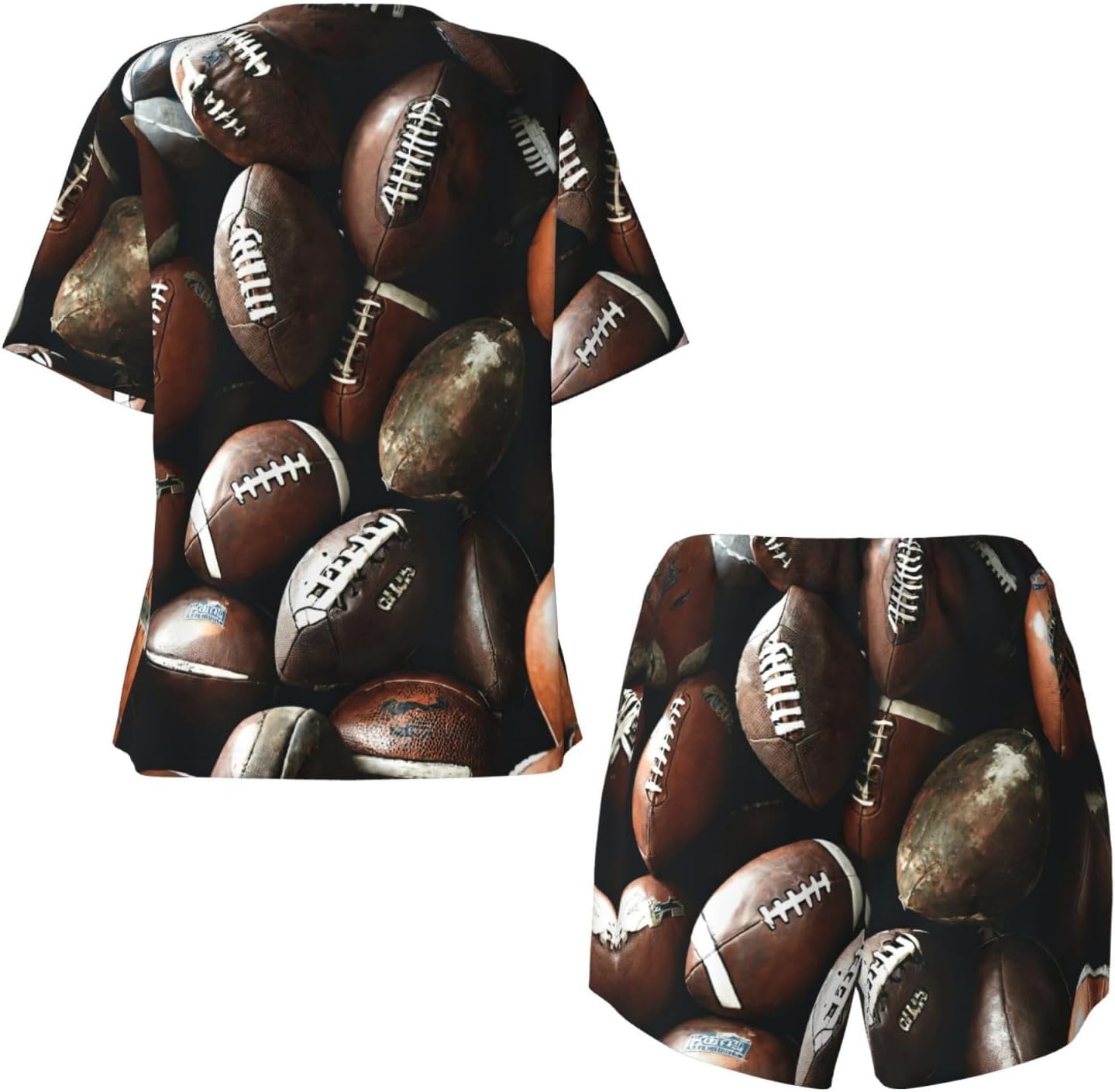 Pile Of Footballs Print Cute Short Sleeve Pajama Set For Women Casual Loungewear With Pockets Four Seasons