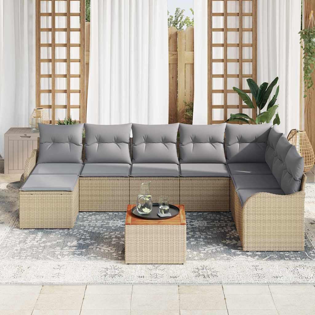 Sofa ogrodowa, 9-częściowy, beżowy polirattan, modułowa konstrukcja, drewno akacjowe, odporne na warunki atmosferyczne, na taras, balkon, na zewnątrz