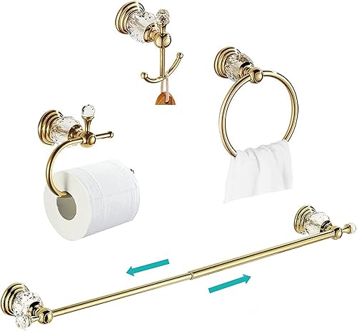 WOLIBEER Accesorios de baño dorados, juego de barra de toalla de cristal de latón, soporte de papel higiénico, toalla, anillo, ganchos para bata, 4