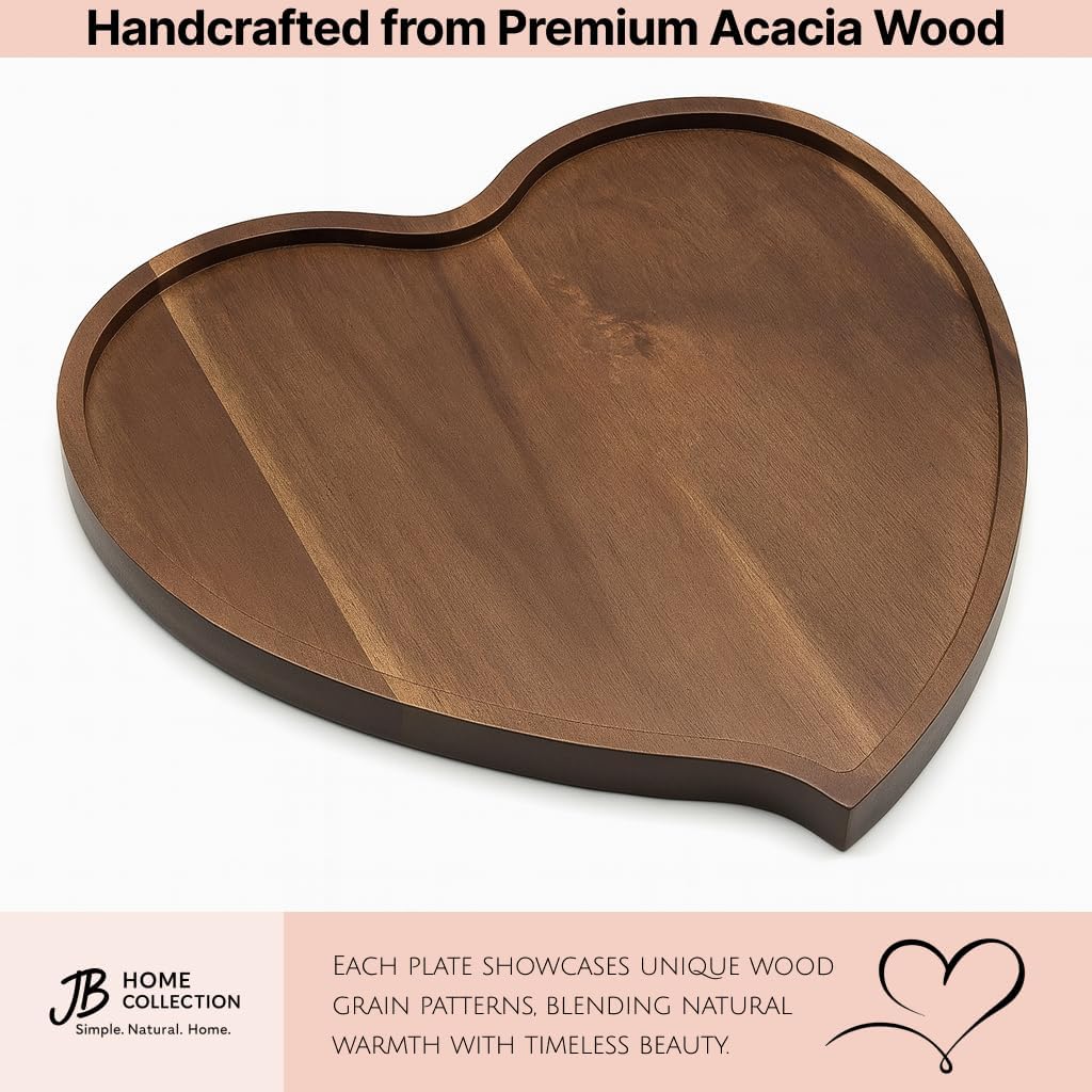 JB Home Collection, Premium Acacia Wood Heart Shape Plate Romantic Wedding Serving Tray for Snack Cake Fruit Nuts Appetizer, 8.25x6.75, 1 Pack