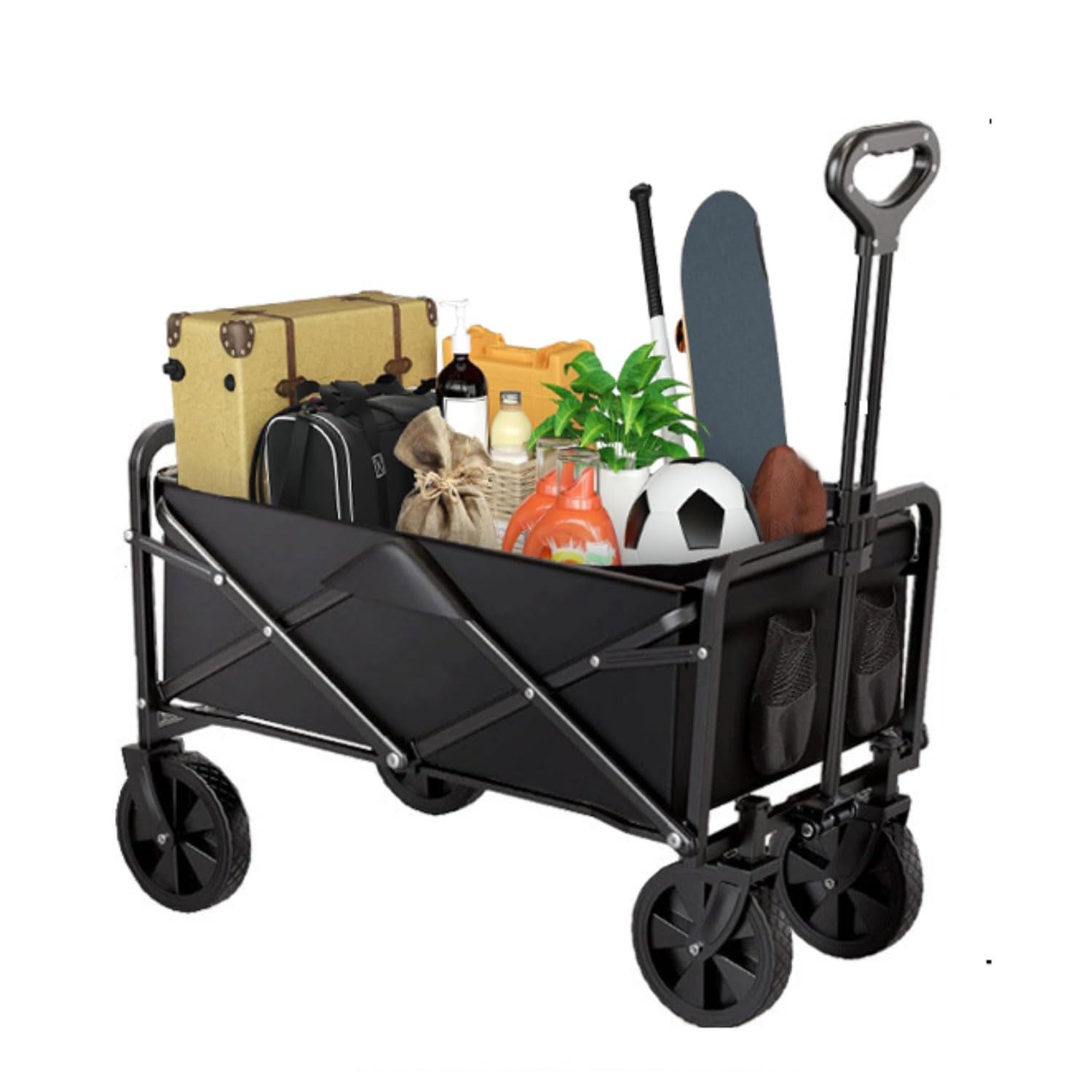 Folding Wagon, Heavy Duty Folding Wagon Cart With Adjustable Handle Side Pocket Multicolor Multiple Sizes(Black,83 * 51 * 60CM)