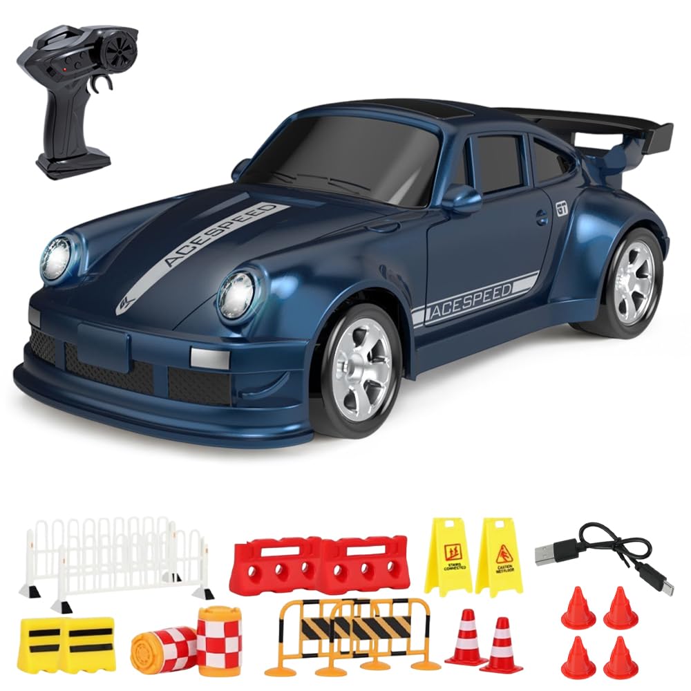 JYQOQH 1:64 Mini Desktop RC Drift Car with LED Lights & 14pcs Roadblock