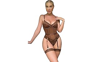 Women's Embroidery Lingerie Sets Garter Belt Teddy Bodysuit with Floral Lace and...