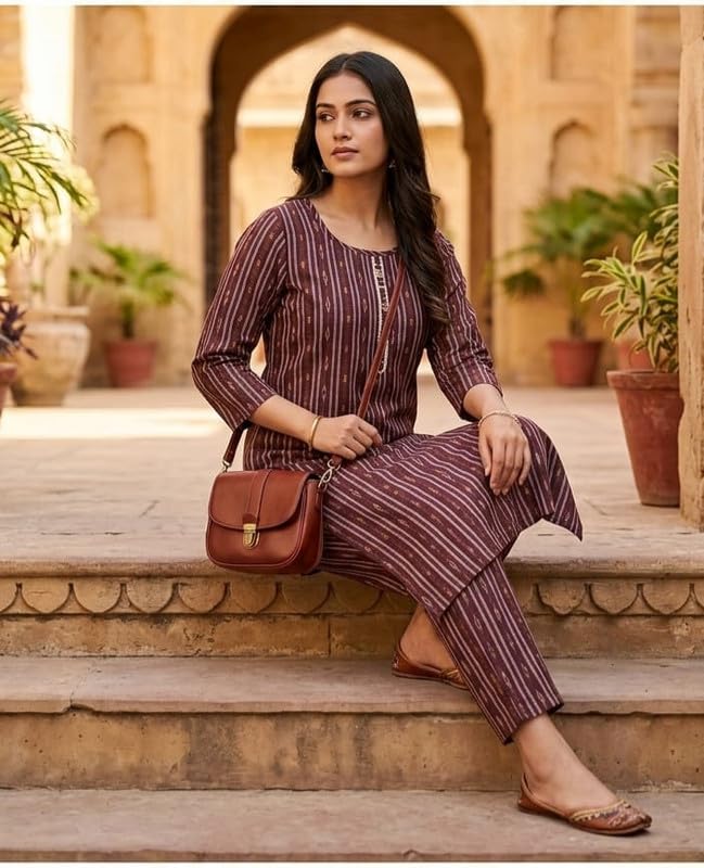 Image of Women Cotton Blend Kurti Pant Set for Women Ethnic Printed Straight Kurta with Pants Co Ord Set Casual Office Wear Traditional Kurta Set Blue 3 /4 Sleeve Round Neck