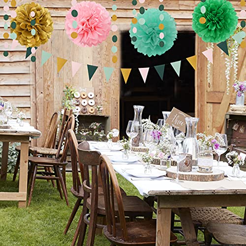 Image of Sage-Green Pink-Gold Baby Bridal-Shower Decorations - 30pcs Rustic Wedding Tissue Pom Poms,Tassel Garland Banner,Birthday Bachelorette Engagement Valentines Mothers Day Party Decor Lasting Surprise