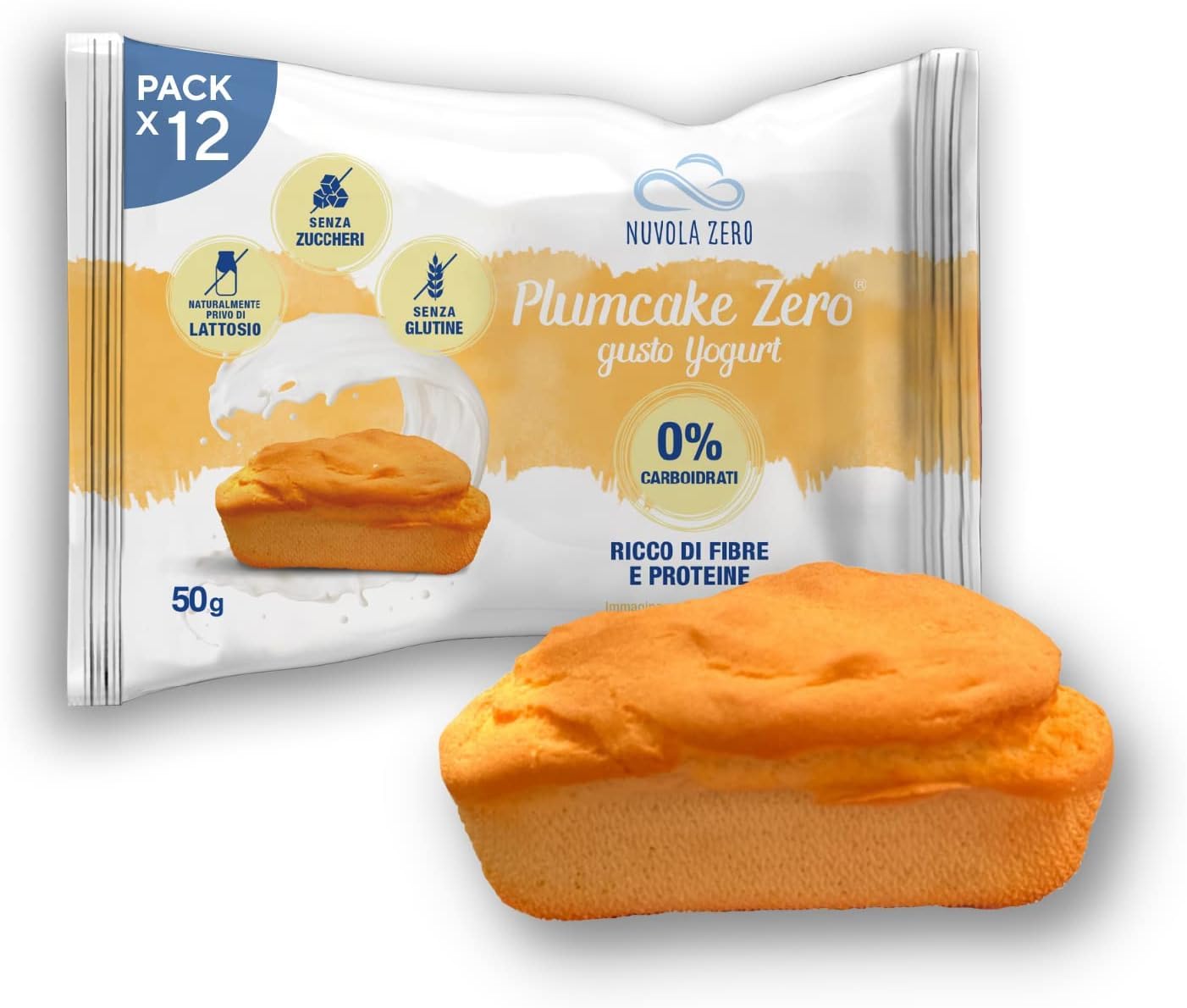 Nuvola Zero - Plumcake allo Yogurt Senza Carboidrati, Merendine Senza Lattosio, Senza Zuccheri, Senza Glutine, Ricco di Fibre, Confezione 12pz, Made in Italy