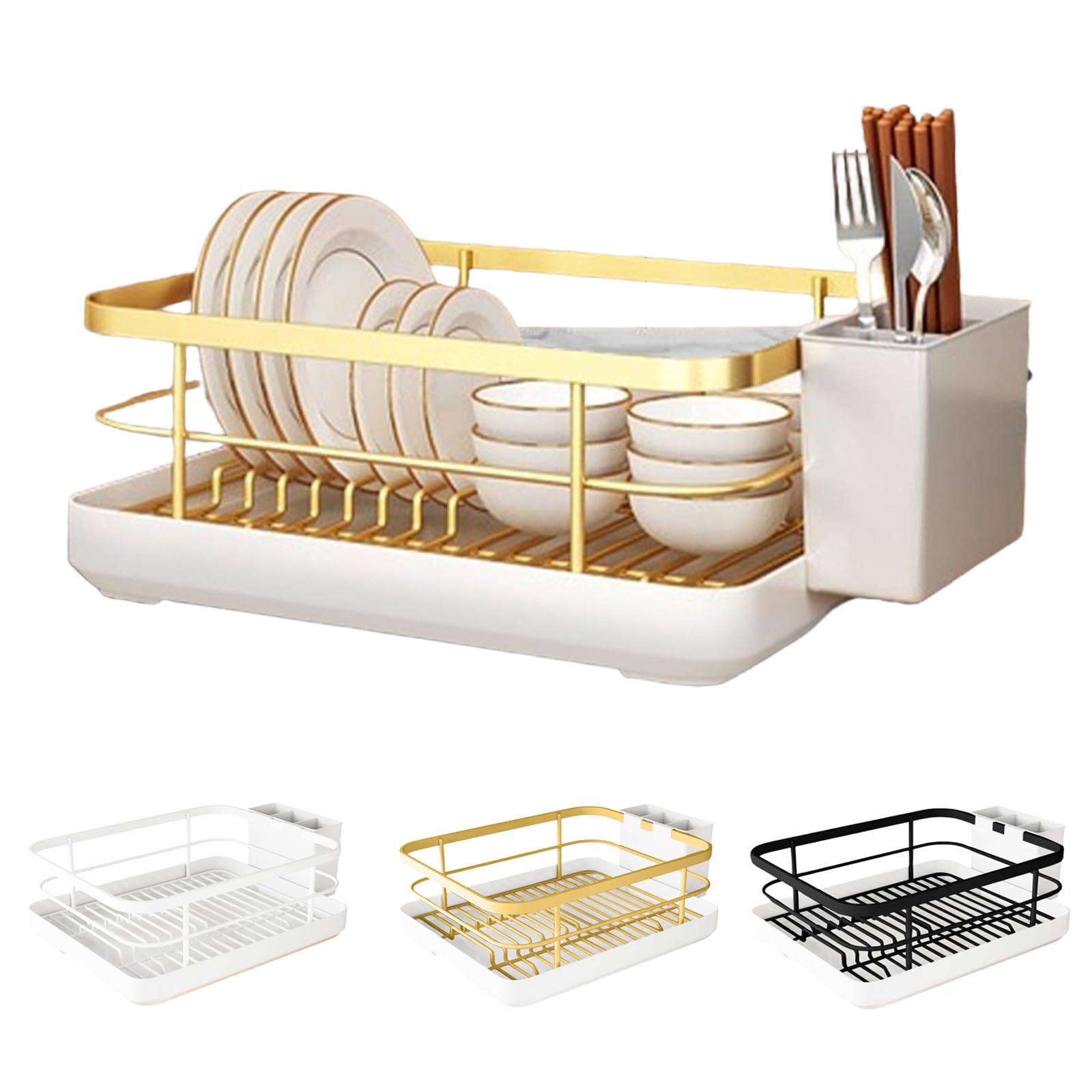 DFGHNBVC Stainless Steel Dish Drying Rack With Utensil Holder Drip Tray, Multifunctional Kitchen For Plates, Cutlery, Spoons, Forks, Chopsticks,Gold