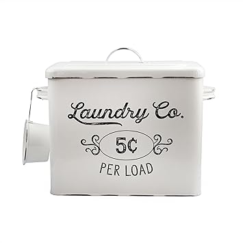AuldHome Design Farmhouse Laundry Powder Container, White Enamelware Detergent Bin w/Scoop