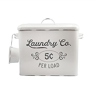 AuldHome Design Farmhouse Laundry Powder Container, White Enamelware Detergent Bin w/ Scoop