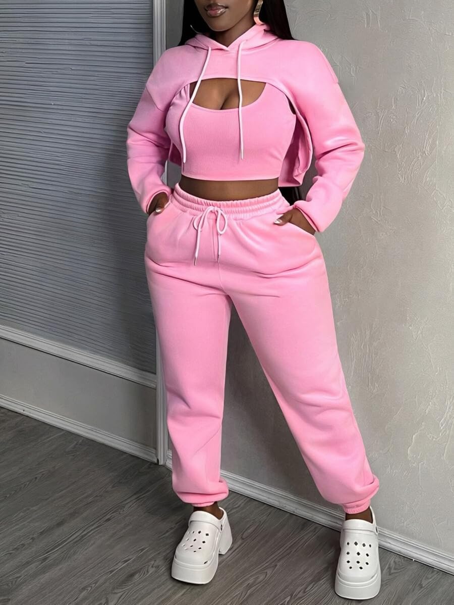 Women 3 Piece Sweatsuit Set Sexy Long Sleeve Pullover Cropped Hoodie Tank Top and Jogger Sweatpants Tracksuit - Image 2