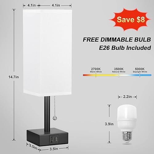 Miniatura 4 de aooshine Lámpara de mesita de noche blanca para dormitorio, 270035005000K, 3 modos de color, lámpara de mesita de noche con puertos USB C y A,