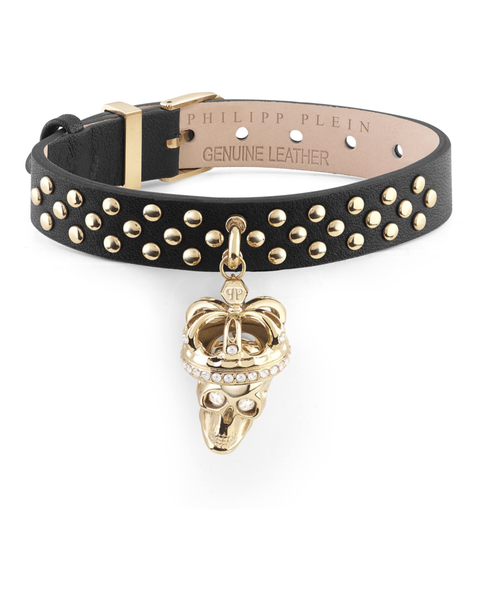 Philipp Plein Bracciale da donna in pelle in acciaio inox IP oro SKULL CROWN PJ4AA07BU