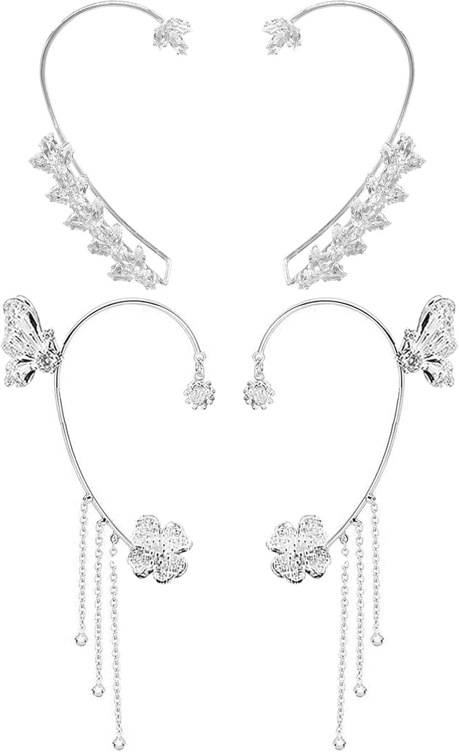 2 Pairs Dainty Silver Butterfly Ear Cuffs & Wraps for Women Non Piercing Bling Butterfly Tassel Style Zircon Earrings Ear Clips Bridal Wedding Jewelry